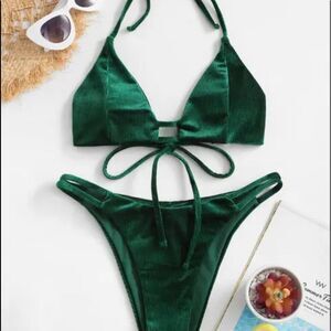 ZAFUL Velvet‎ Ribbed Halter Bikini Swimsuit - Deep Green S (4) NWT